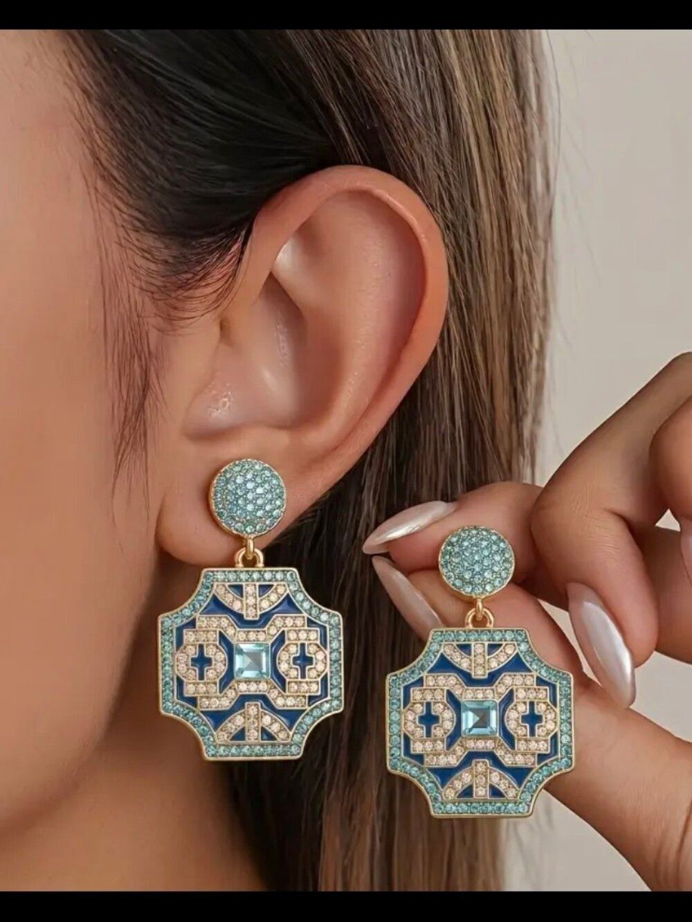 Geometric Diamond Blue Gold Earrings